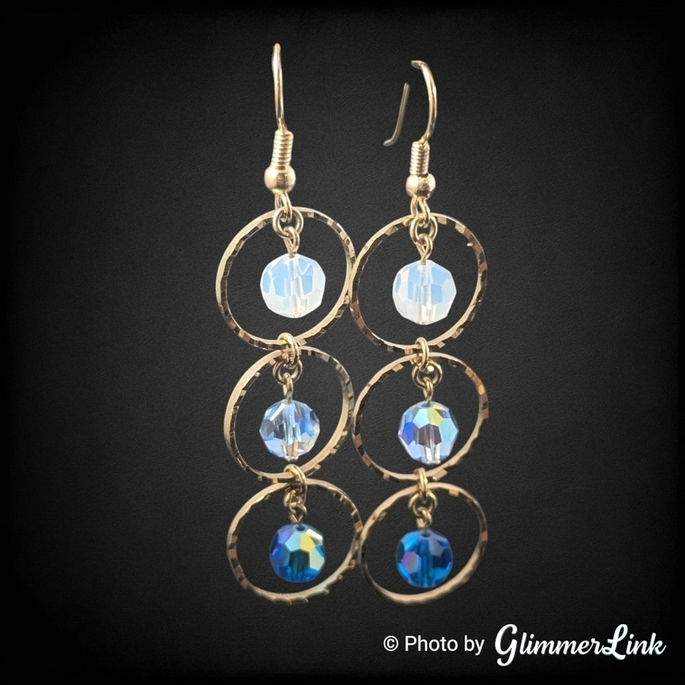 Triple Tiered Circle Faceted AB Gold Tone Earrings